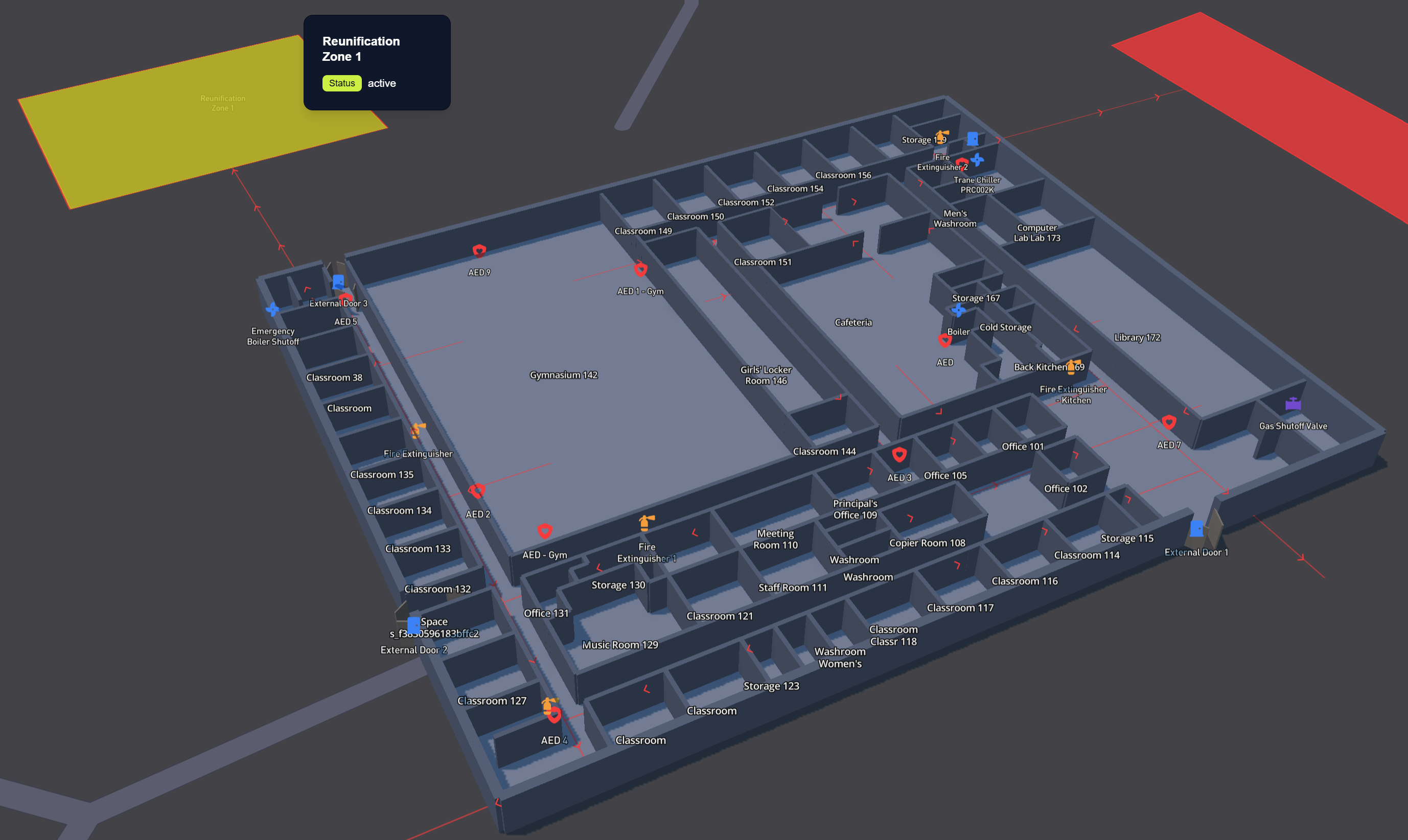 Interactive 3D school floor plan in Gridbase showing an active reunification zone outside the building, with labeled classrooms, exterior doors, AEDs, fire extinguishers, and utility shutoffs