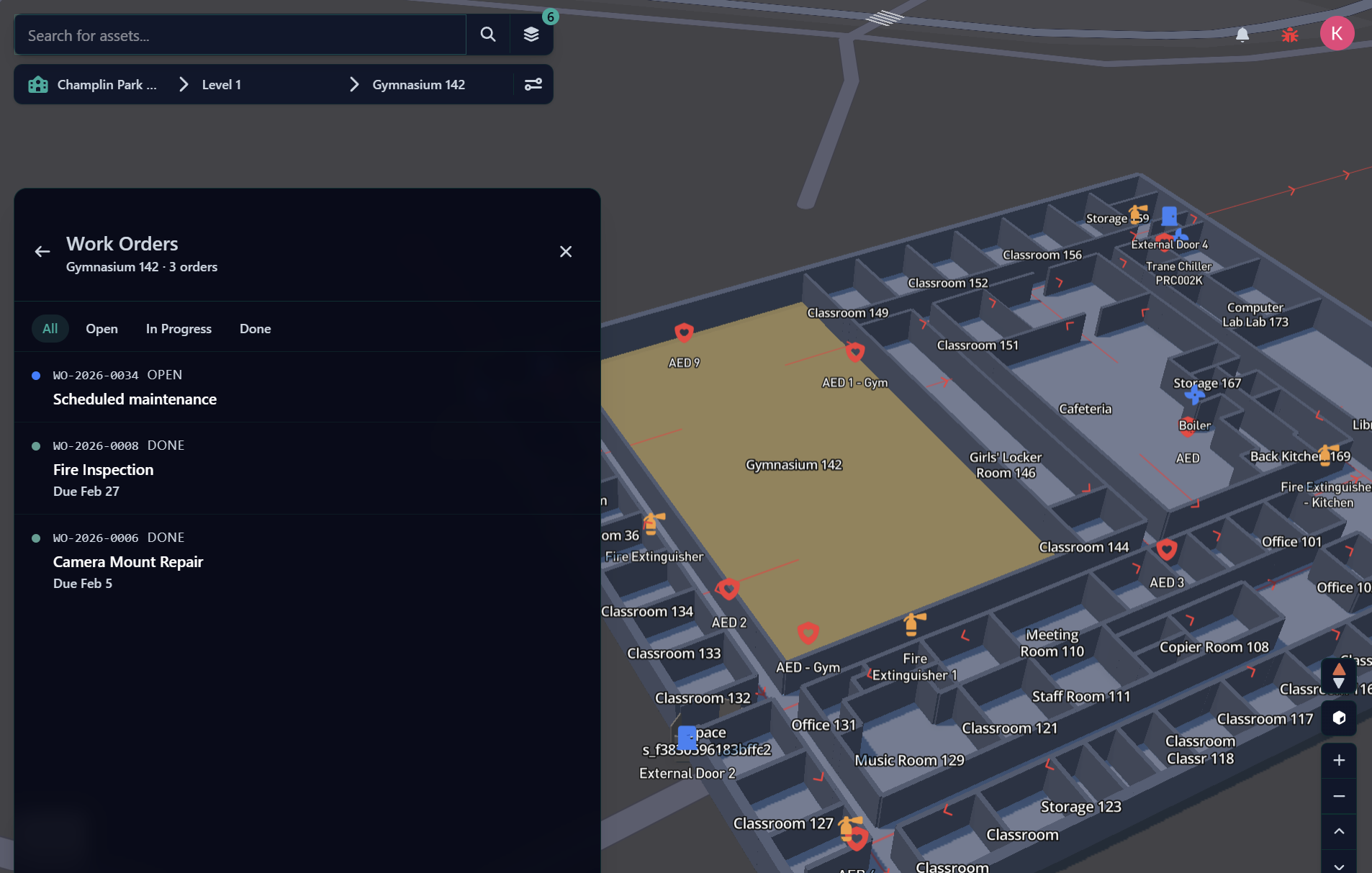 Gridbase work order panel for Gymnasium 142 showing open, in-progress, and completed work orders layered over the building's interactive 3D floor plan
