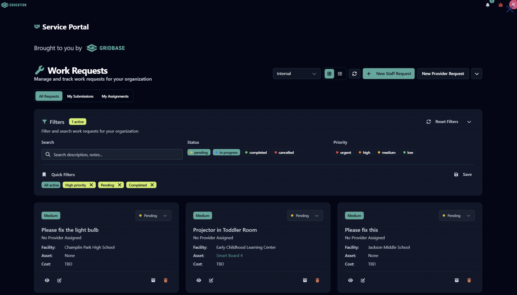 Gridbase Service Portal showing a list of work requests with status, priority, facility, and asset details, filters, and quick filters