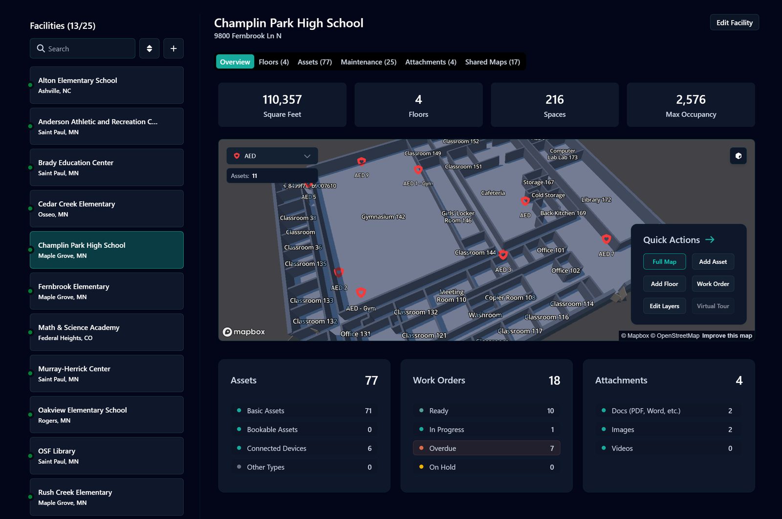 Gridbase facility overview dashboard for Champlin Park High School showing square footage, floors, spaces, max occupancy, an interactive 3D map, and Assets, Work Orders, and Attachments summary panels