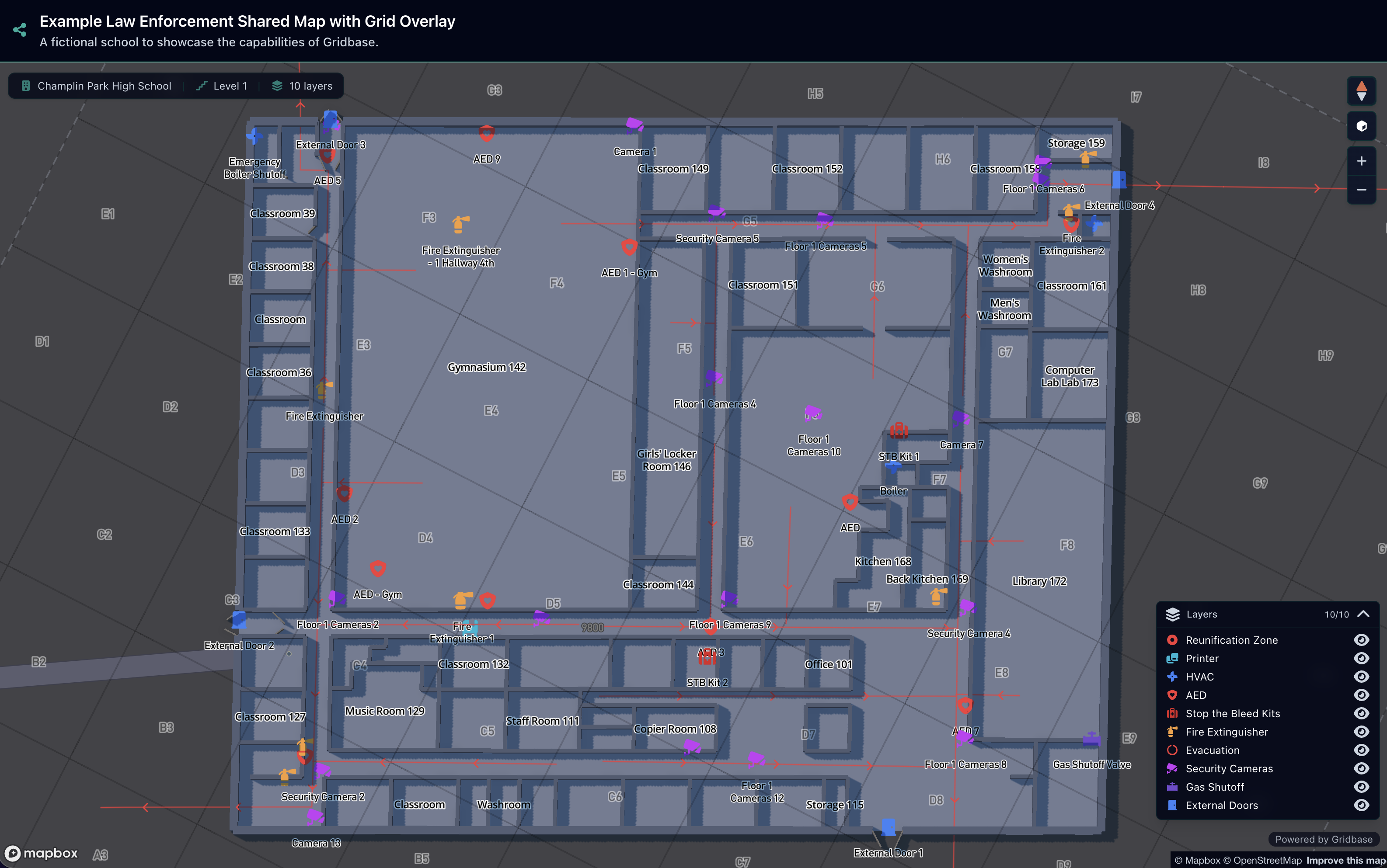 Preview of an interactive school map with a grid overlay, showing asset icons and details.